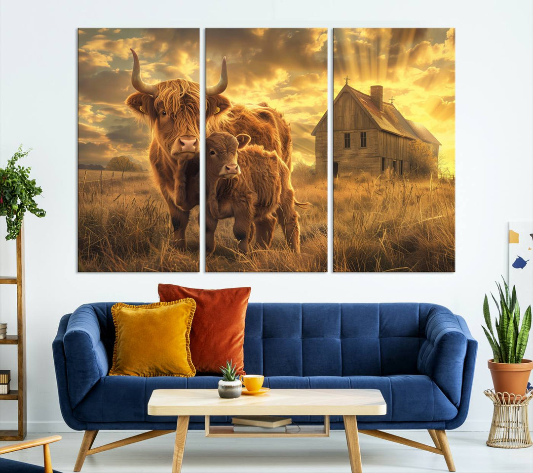 The room features the Barn and Highland Cow Canvas Wall Art Animal Print, a three-panel canvas depicting cows in a sunset field with a rustic barn backdrop. This handmade piece brings charm and character with its gallery-quality finish.