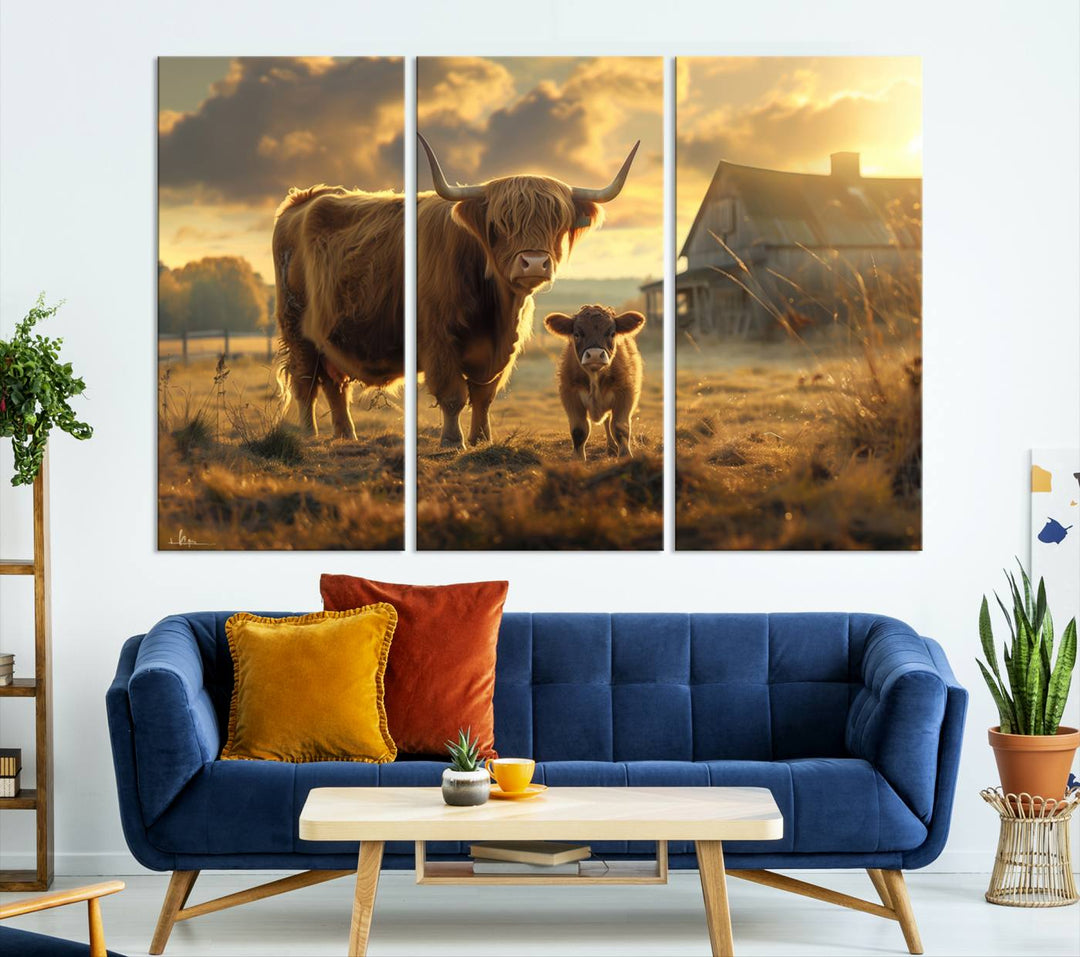 The "Highland Baby Cow Canvas Wall Art Animal Print" triptych art piece showcases a cow and calf in a sunlit field with a barn in the background.