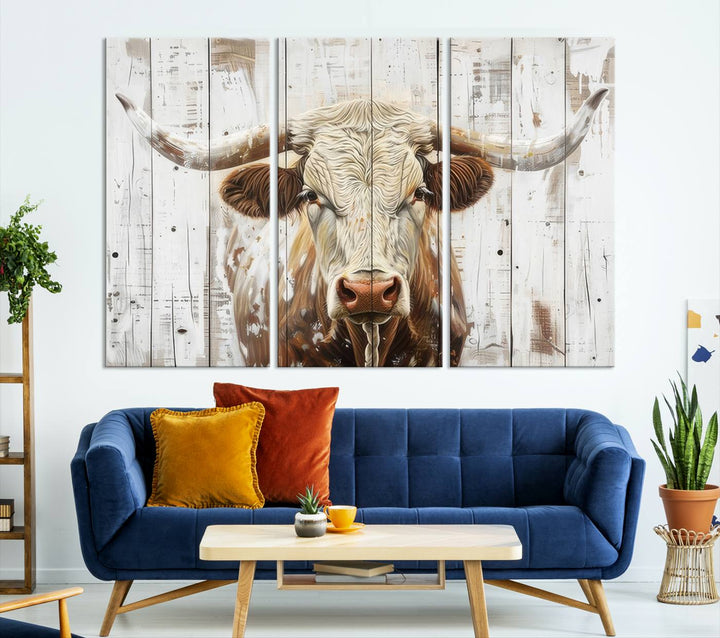 The dimly lit room is enhanced with Western charm by the Rustic Longhorn Bull Wall Art Canvas Set—Western-Inspired Farmhouse Décor, elegantly displayed on the wall.