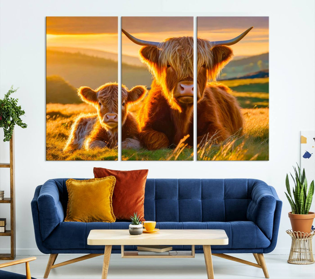 The living room showcases a gallery-quality finish with the Scottish Cow and Baby Cow Canvas Wall Art, featuring a charming animal print of fluffy cattle as the centerpiece. This stunning piece is displayed on premium canvas, creating an inviting atmosphere.