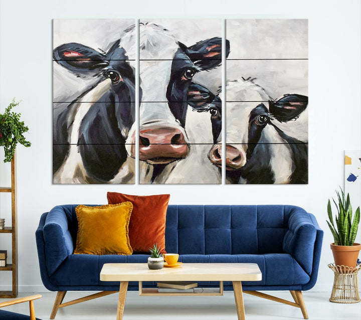 The Vintage Baby and Mom Cattle Wall Art Canvas Print is prominently displayed, adding a touch of contemporary and farmhouse decor to the modern living room.