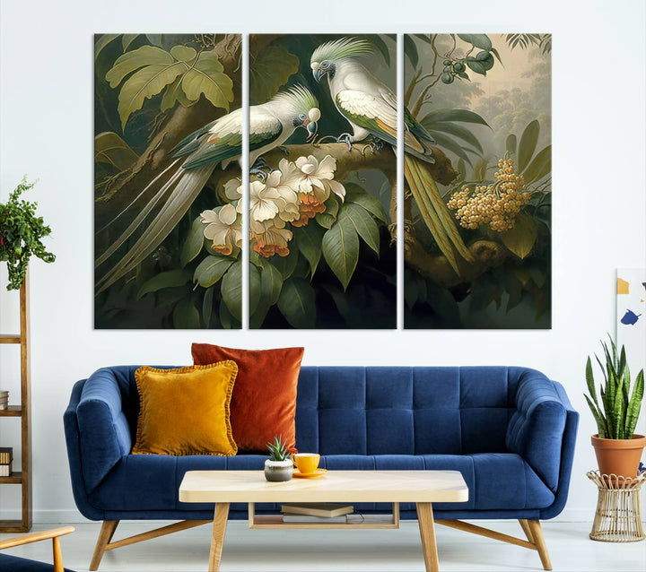 Crafted in the USA, this Tropical Paradise Print wall art features a stunning parrot amidst a lush forest and beautiful flowers.