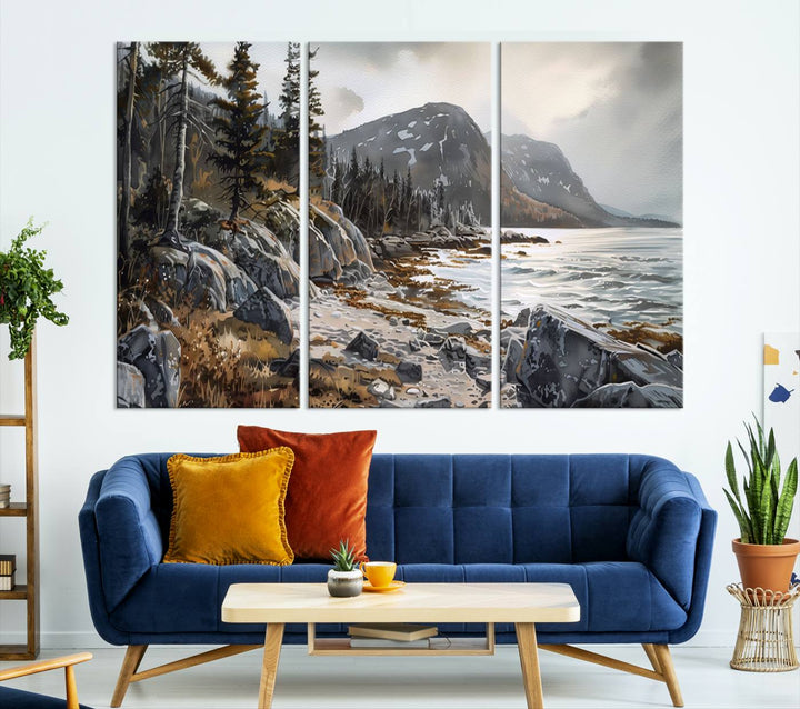 The stunning Serene Coastal View of Acadia National Park is a 3-panel wall art canvas print that beautifully captures a tranquil mountain and lake scene.