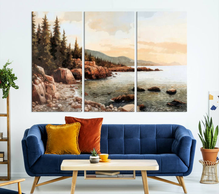 Serene Coastal View of Acadia National Park - Stunning 3-Panel Wall Art Canvas Print, Framed, Ready to Hang