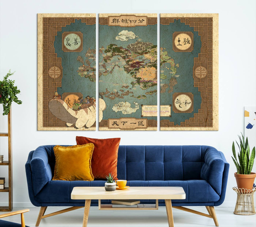 Hanging above is the Avatar: The Last Airbender Vintage Map - Wall Art Canvas Print, framed and ready to hang, showcasing an enchanting glimpse into the iconic four nations design.