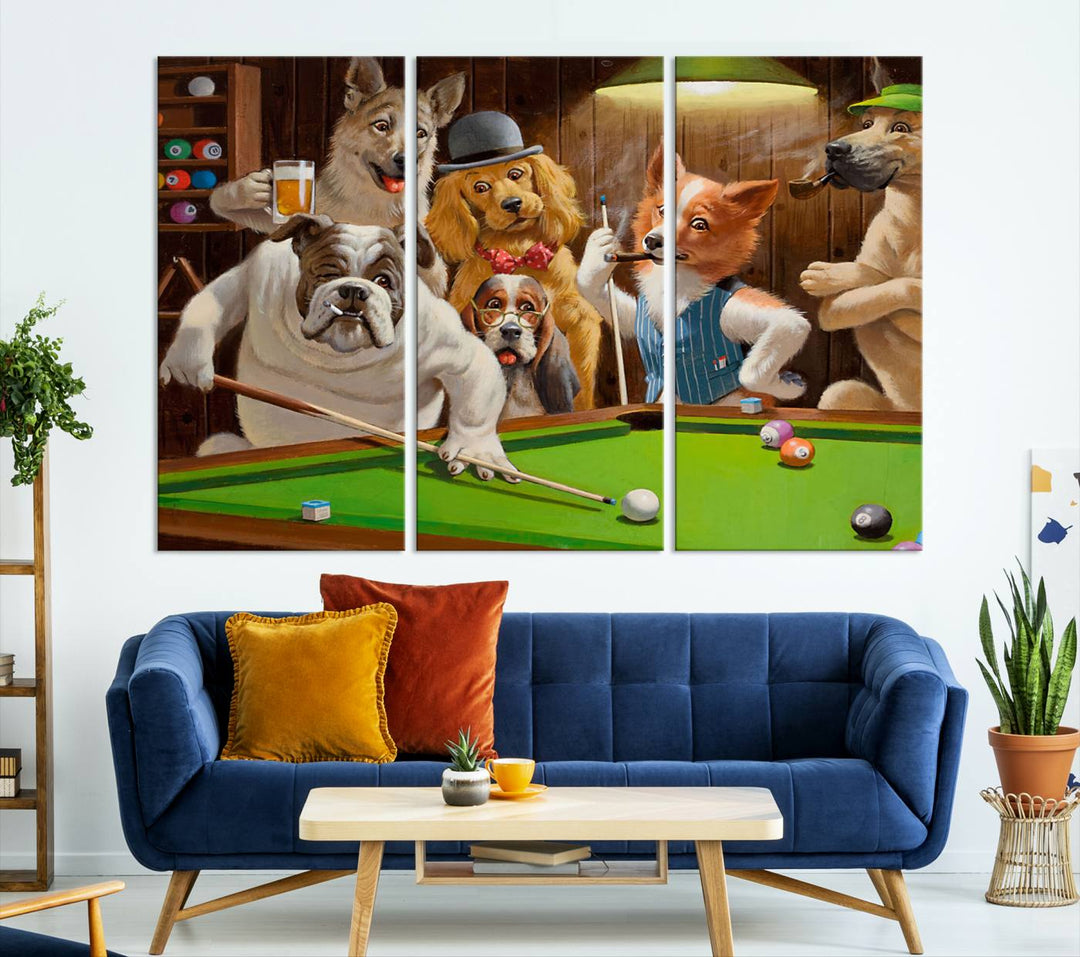 The "Dogs Playing Pool Canvas Wall Art" features a whimsical scene of dogs dressed as humans playing pool in a bar, presented as a three-panel display with a gallery-quality finish.