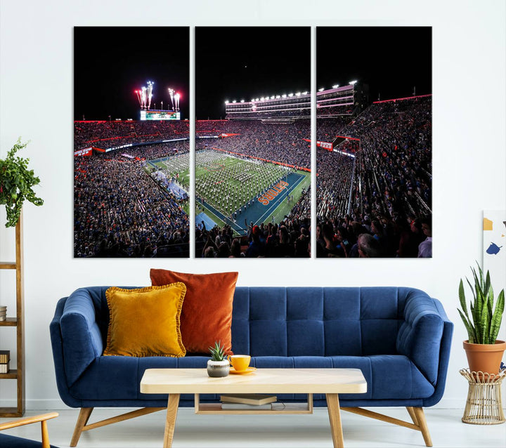 Ben Hill Griffin Stadium Night Game Triple Canvas Wall Art - Florida Gators Football Match