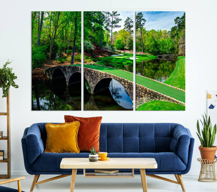 Augusta National Golf Club Wall Art - Panoramic Bridge & Lush Greenery – Premium Framed, Ready-to-Hang Triptych Canvas