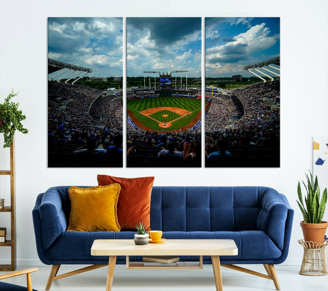 Kauffman Stadium Day Game Triple Canvas Wall Art - Kansas City Royals MLB Match