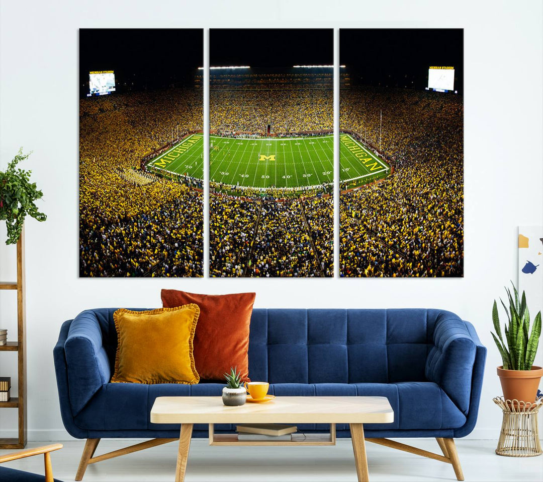 Michigan Wolverines Football Team Print - Michigan Stadium Night Game Triple Canvas Wall Art - University of Michigan Football Match