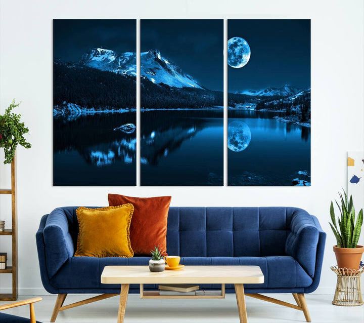 Blue Moon Mountain Lake Landscape Framed Wall Art Canvas Print