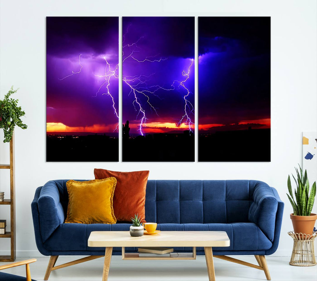 Electrifying Sunset Thunderstorm Canvas Print – Dramatic Lightning and Vibrant Sunset Wall Art