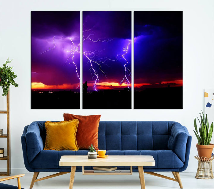 Electrifying Sunset Thunderstorm Canvas Print – Dramatic Lightning and Vibrant Sunset Wall Art