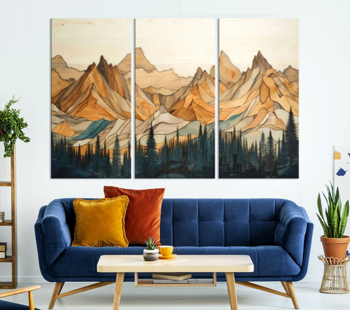 Rustic Wood Style Mountain Wall Art Print | Triptych Giclee Print Featuring Handcrafted Forest and Mountain Range Design | Framed Ready-to-Hang Print