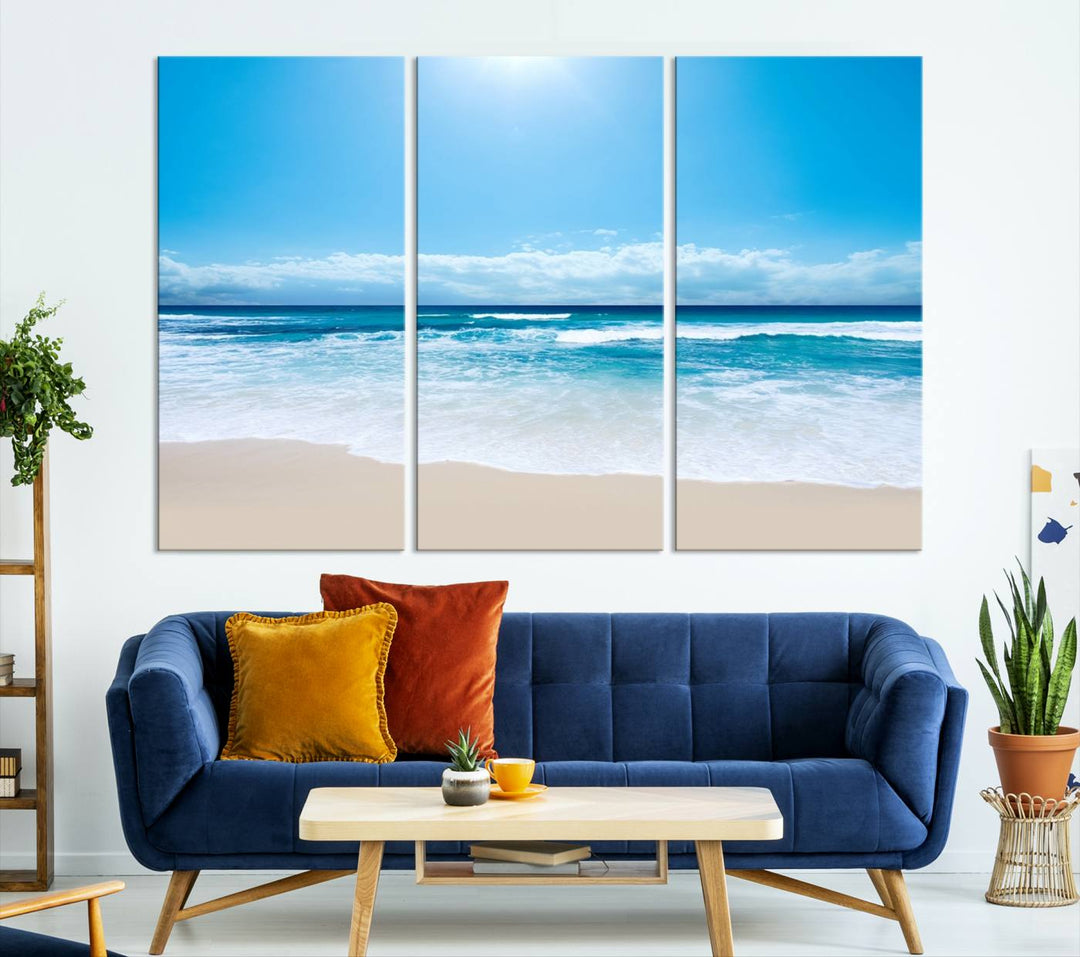 Lienzo decorativo para pared grande con estampado de mar y playa azul brillante