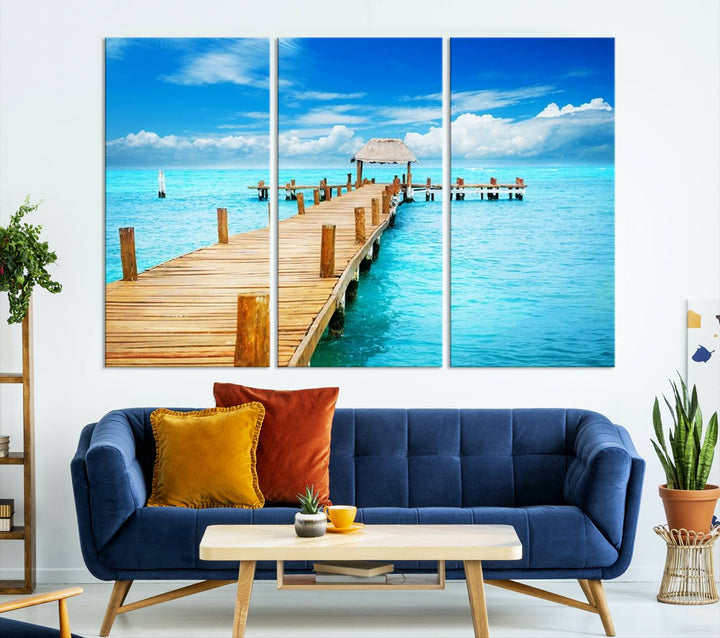 Tropical Pier Triptych Wall Art, Stunning Turquoise Ocean and Wooden Dock Canvas Print, Coastal Beach House Decor, Ocean View Canvas Art