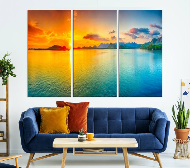 Impresión en lienzo de arte de pared grande, puesta de sol colorida, mar y montaña para decoración de sala de estar