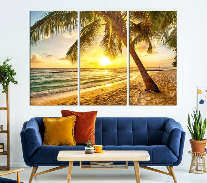 Impresión en lienzo de arte de pared grande Palmera en la playa al atardecer brillante