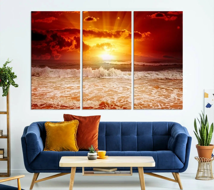 In a modern living room, the vibrant "Wall Art Canvas Perfect Sunset Turns Colour of Sea and Sky to Red," printed on museum-quality canvas, stands out. A floor lamp casts warm light over the ready-to-hang artwork, which includes a UV-protective coating to ensure lasting brilliance.