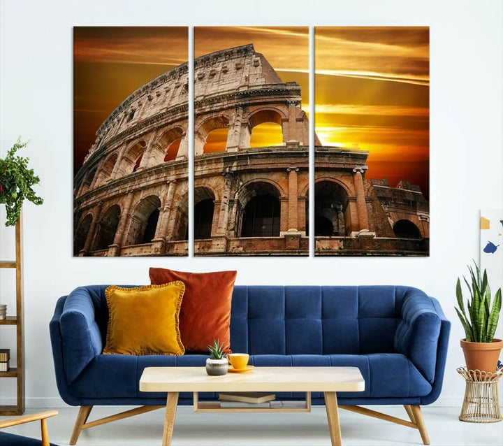 A three-panel canvas titled "Colosseum with Yellow Sunset Behind, Italy," protected with a UV-coating, is elegantly displayed.