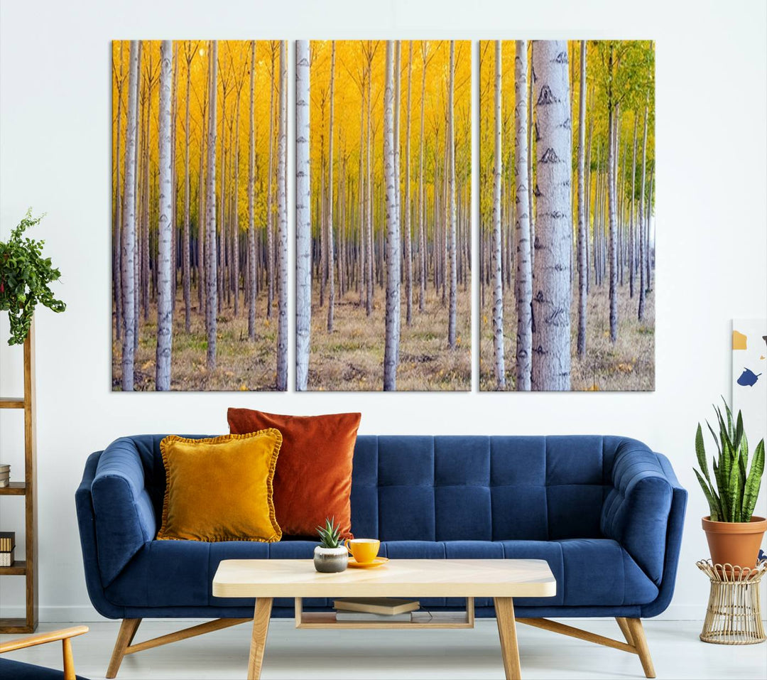 Impresión artística de pared con bosque de abedules en otoño