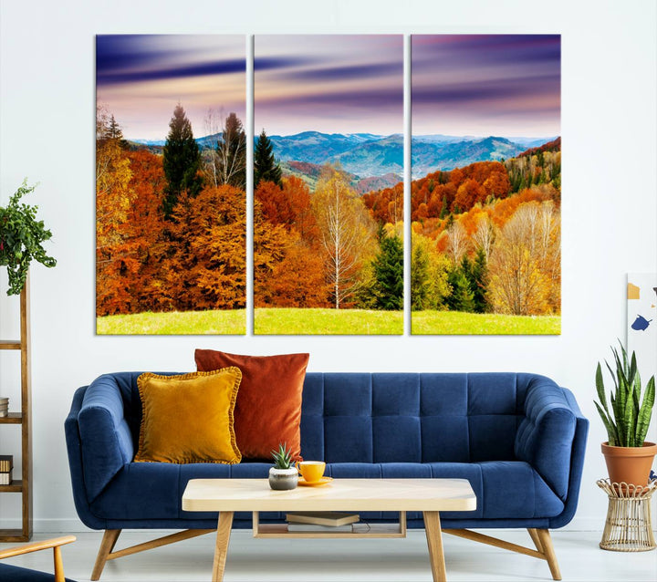 Autumn Colorful Forest Blue Mountains and Purple Sky at Sunset Wall Art Canvas Print