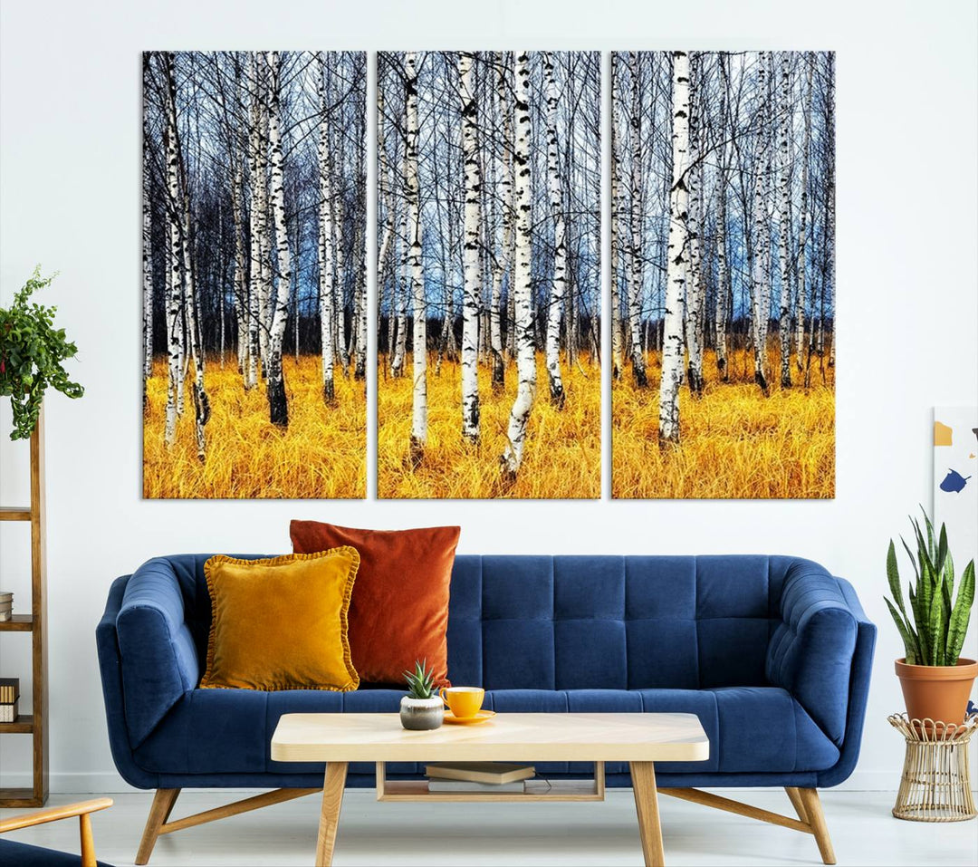 Impression d’art mural de bouleaux, art mural paysage, impression sur toile, arbres sans feuilles sur fond jaune