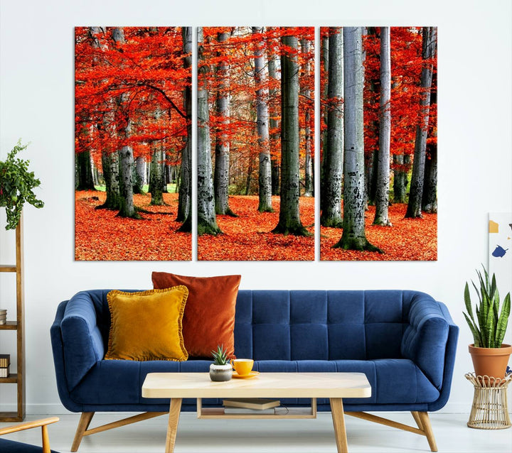 Impression sur toile de paysage d'art mural, feuilles rouges sur des arbres sur fond rouge