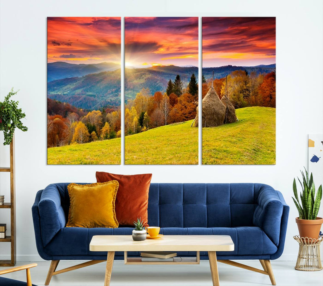 Impression sur toile de paysage d'art mural, tous les tons de vert au coucher du soleil