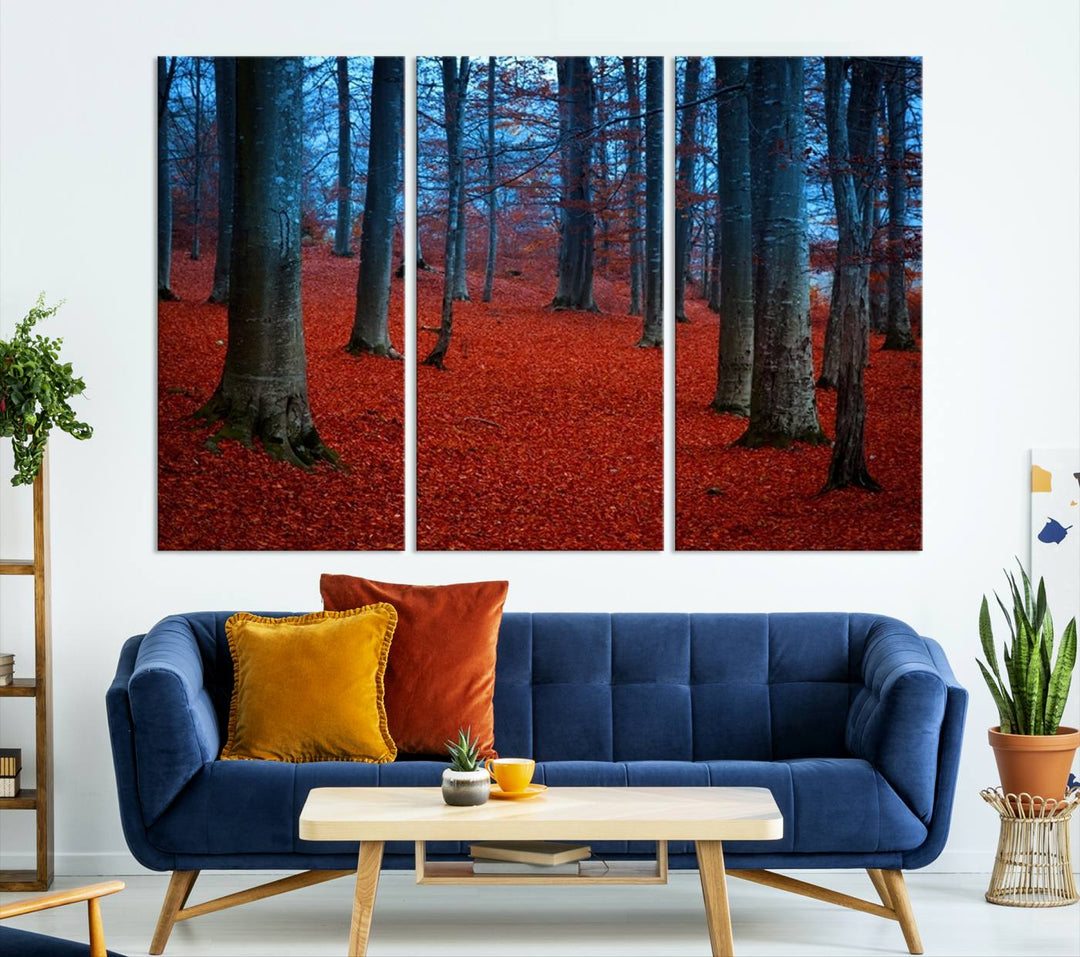 Impresión de lienzo de paisaje de arte de pared extra grande - Hojas rojas en bosque azul