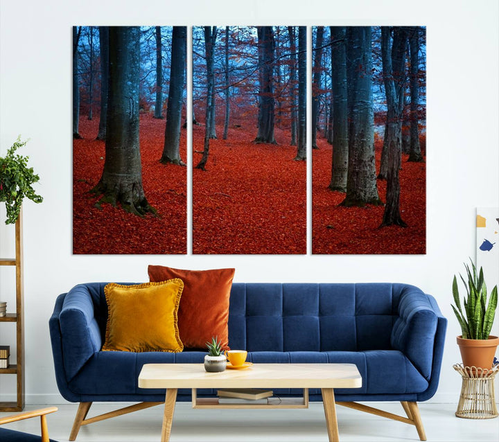 Impression sur toile de paysage d'art mural, feuilles rouges dans la forêt bleue