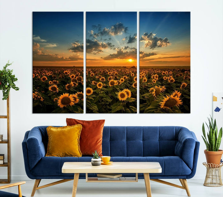 Toile d’art mural avec champ de tournesol et coucher de soleil