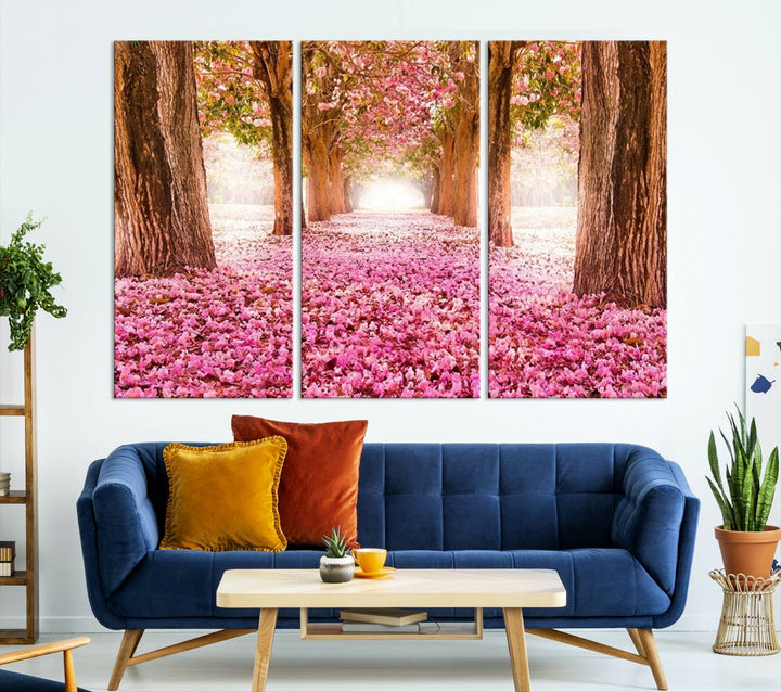 Blossom Cherry Canvas Print Walking on Pink Flowers Between Trees