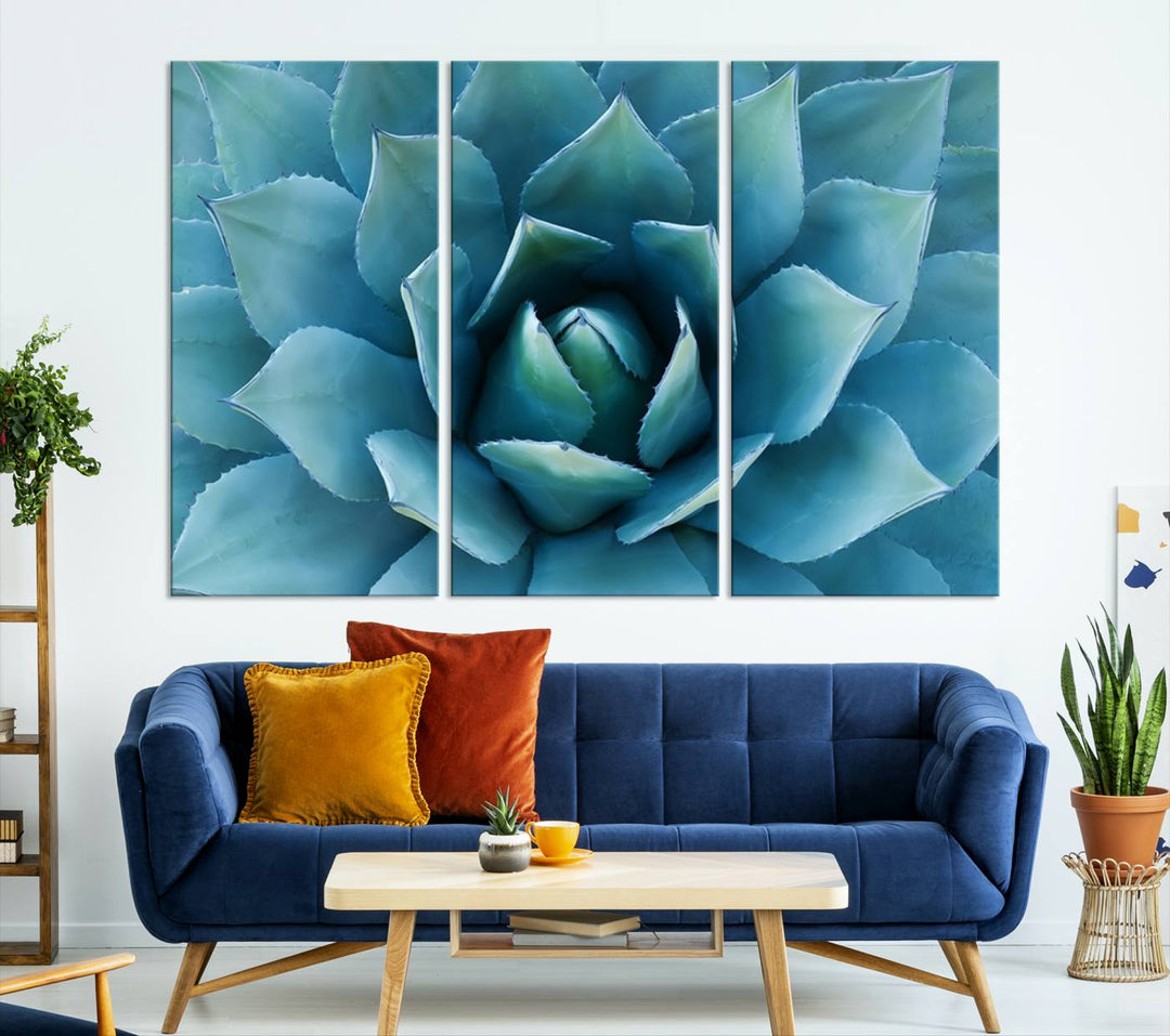 A stunning Large Agave Succulent Canvas Wall Art, a botanical close-up print perfect for modern living rooms, hangs prominently.