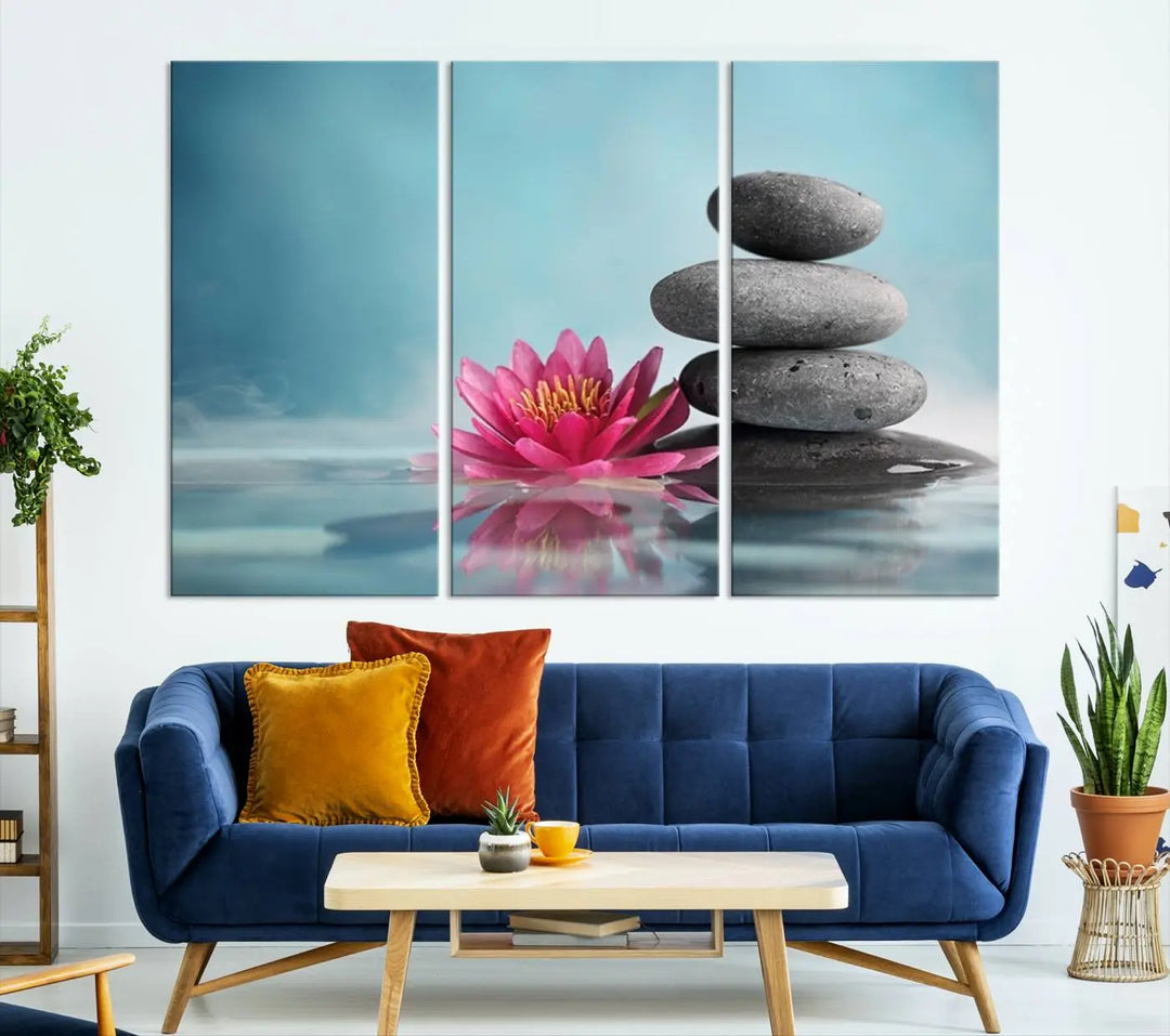 The Zen Serenity Triptych Canvas Art, featuring a lotus flower and balancing stones, perfectly captures tranquility with its serene water lily print.