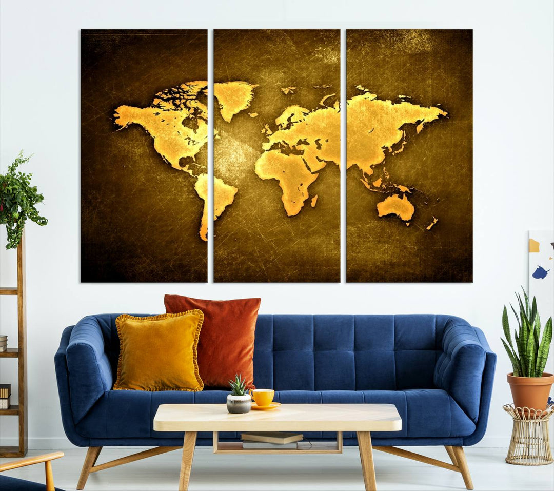 A Yellow World Map on a Metallic Yellow Background adorns the wall, arriving ready to hang and effortlessly infusing an elegant touch into your living space.