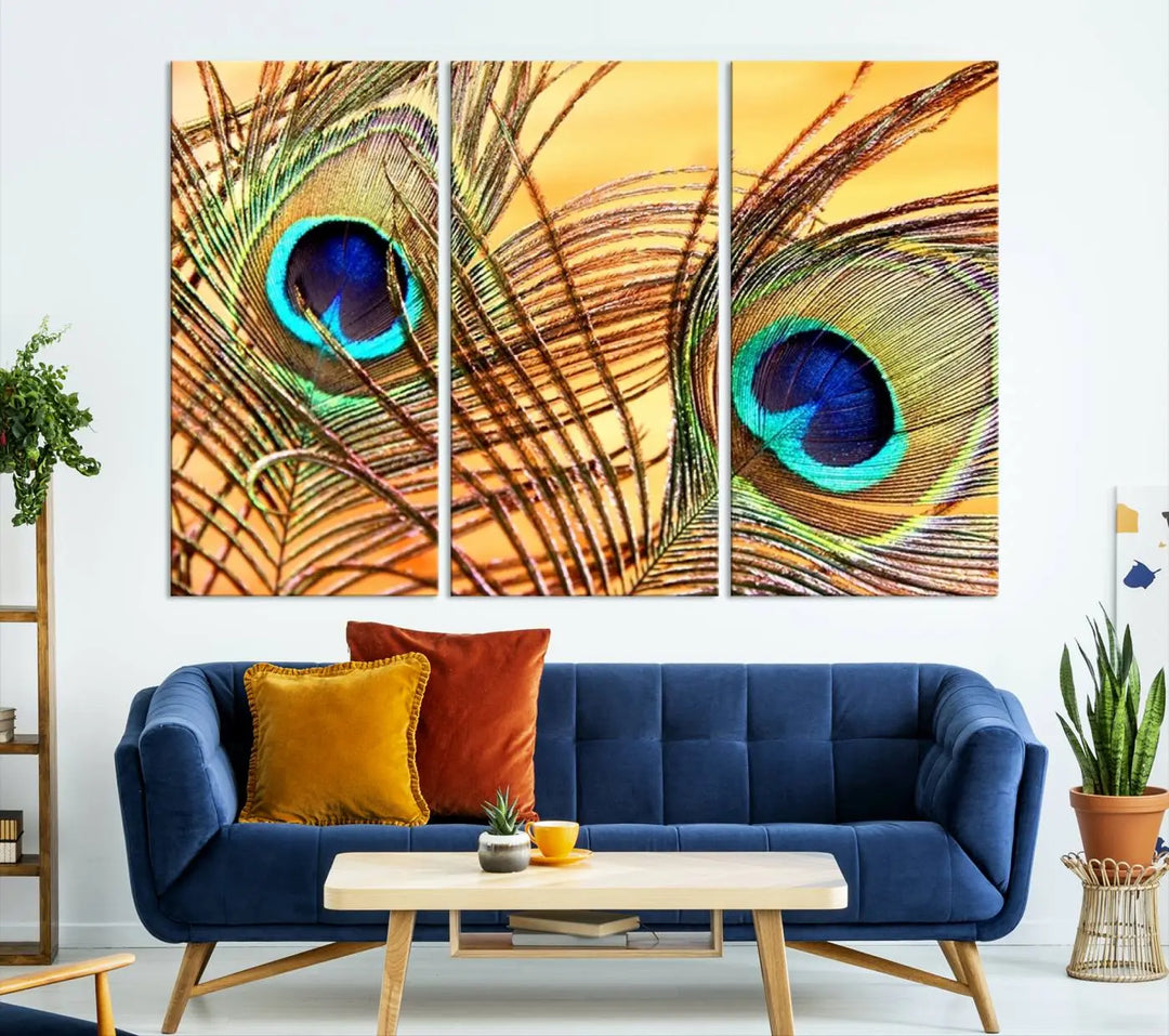 The Peacock Feather Wall Art Print, showcasing a vibrant green, blue, and orange feather design and ready to hang, adorns the space.