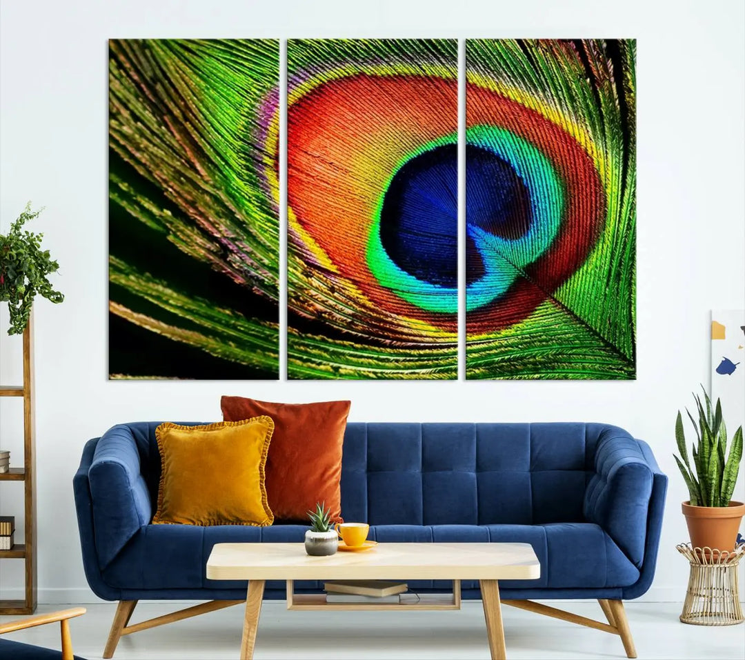 The living room features the "Colorful Peacock Feather Wall Art Print," showcasing a vibrant green, blue, and orange design elegantly displayed above a modern sofa.