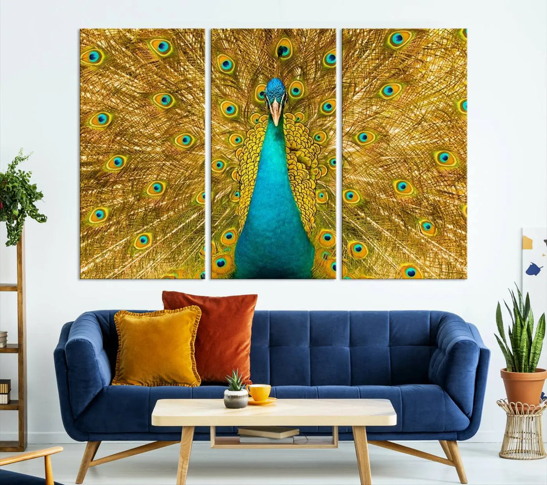 The Peacock Wall Art Canvas Print, featuring a vibrant triptych design of a peacock with intricate feather details and printed on museum-quality canvas with UV-protective coating, brings an artistic flair to the elegant space. Ready to hang, it enhances the modern living room with its striking presence.