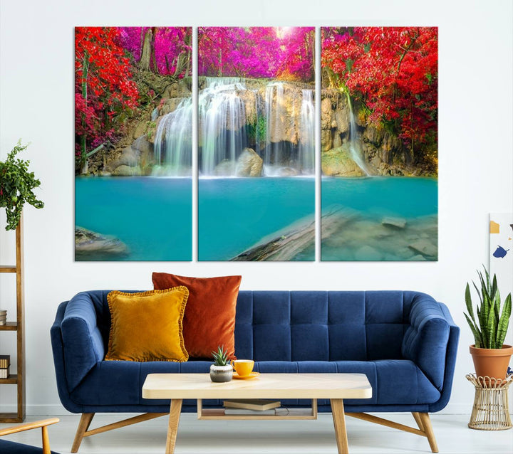 Wall Art Waterfall Landscape with Pink and Red Flowers in Forest Canvas Print