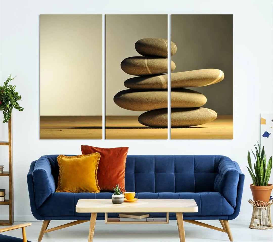 The "Yellow Zen Stones on Yellow Background Wall Art Yoga Zen Artwork," a professionally hand-assembled framed photo with UV-protective coating, is displayed on the wall.