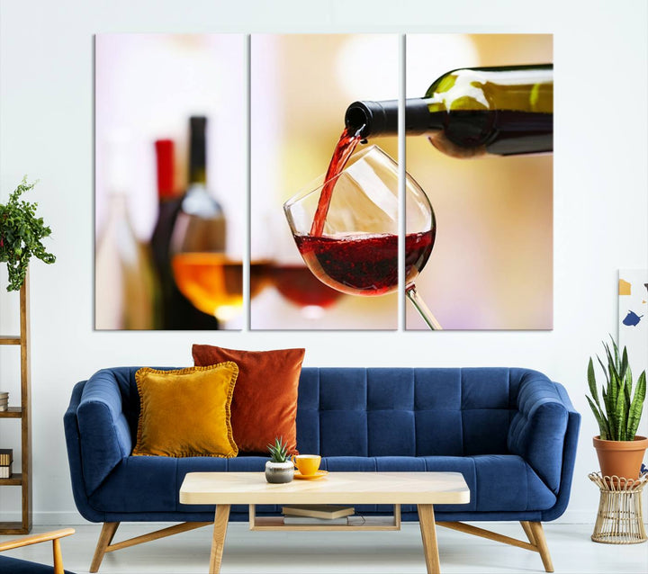 The Filling Red Wine into Glass Red Wine Canvas Print showcases a wine bottle pouring red wine into a glass. This scene, captured on museum-quality canvas, promises timeless elegance and comes with free shipping for effortless delivery to your doorstep.