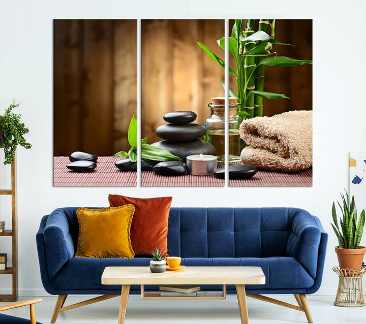 Zen Serenity Triptych Canvas Art, Pink Lotus Flower and Balancing Stones Wall Art, Tranquil Water Lily Canvas Print