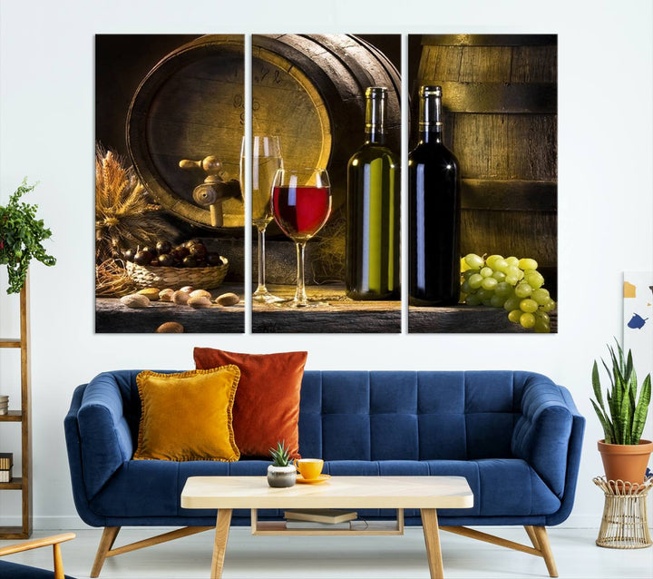 Explore the "Wall Art Red and White Wine with Bottles and Tun Canvas Print," a triptych on gallery-wrapped, museum-quality canvas. Featuring a wine barrel, bottles, and a glass of red wine, it includes a UV-protective coating for lasting vibrancy.