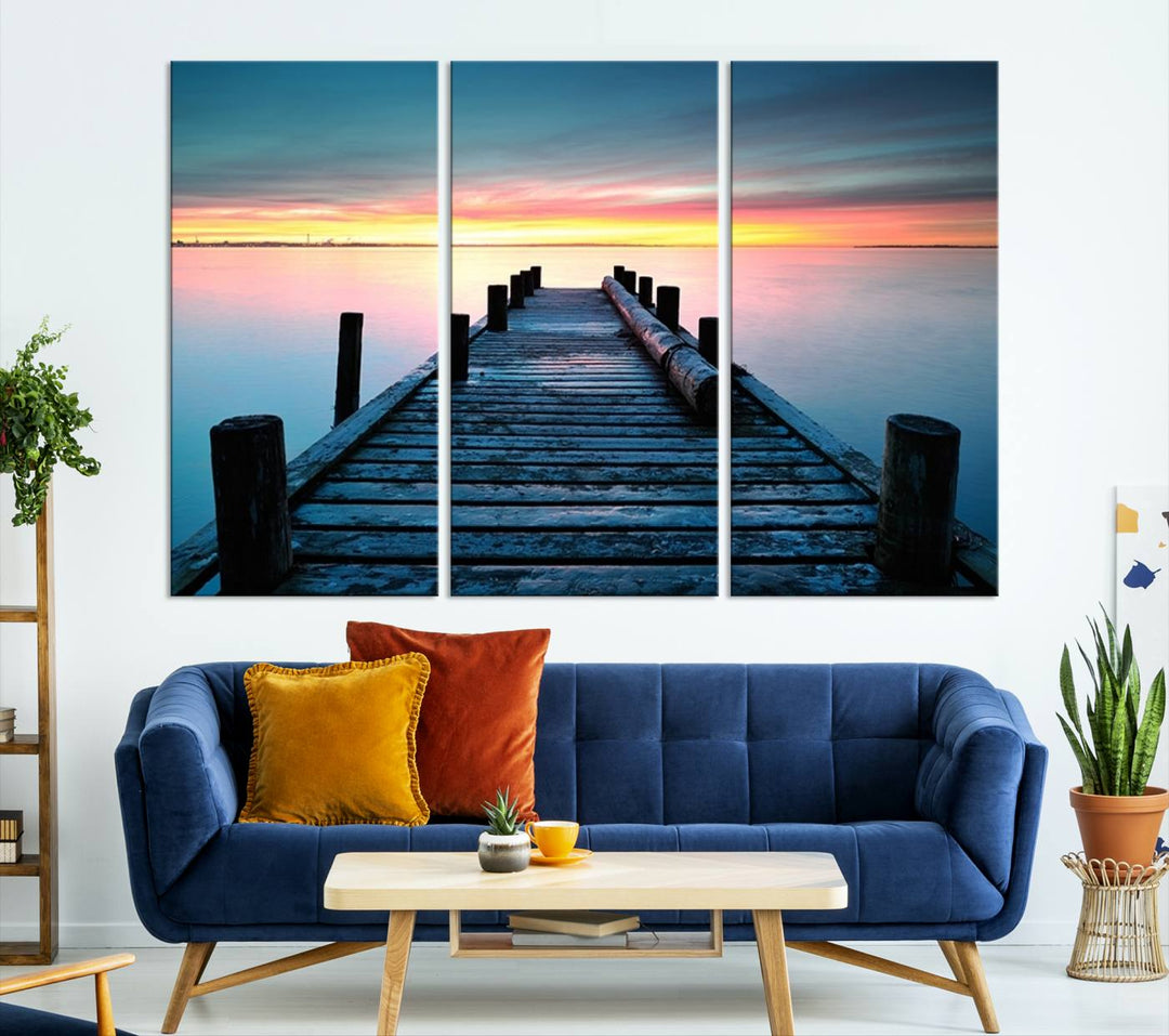 Wall Art Vintage Wooden Pier on Sea at Sunset Canvas Print