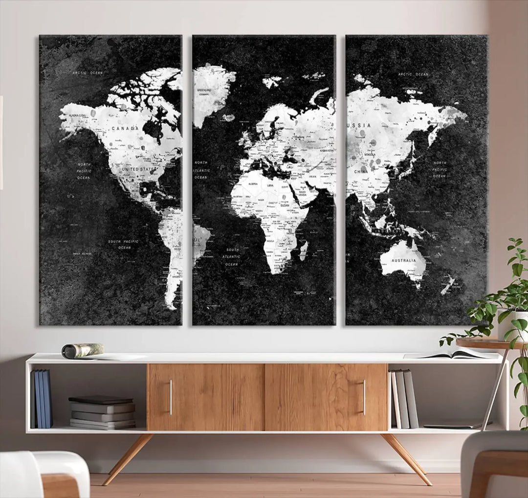 Modern Grayscale World Map 3-Panel Canvas Art | Ready to Hang, Framed | Stylish Minimalist Wall Décor for Home, Office, Living Room, or Study Spaces 