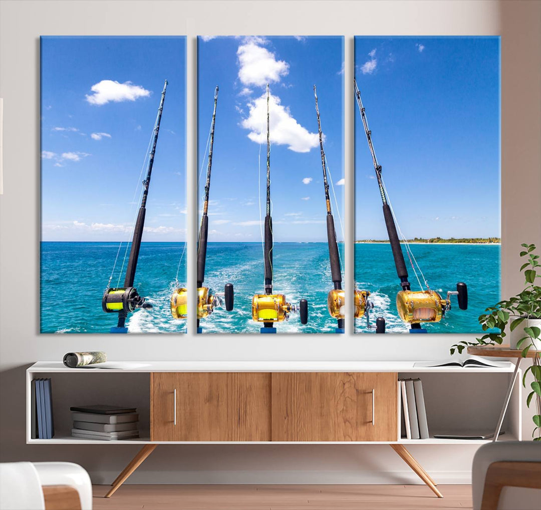 Fishing Roads on Boat Canvas Wall Art Print Ocean Seascape Art Print