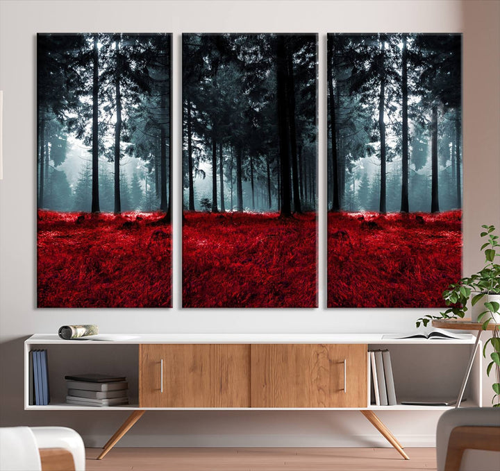 Bosque seductor con hojas rojas Impresión en lienzo Arte de pared grande Arte de lienzo de bosque Arte de paisaje de otoño Impresión de arte enmarcada