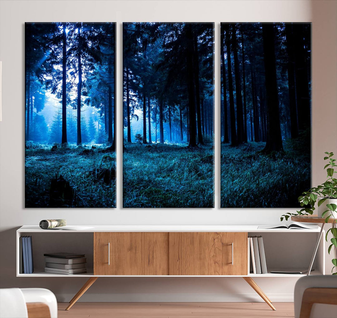 Arte de pared de bosque oscuro místico, lienzo de bosque grande, lienzo de paisaje, arte de pared de múltiples paneles, conjunto de lienzo grande de 3 piezas enmarcado