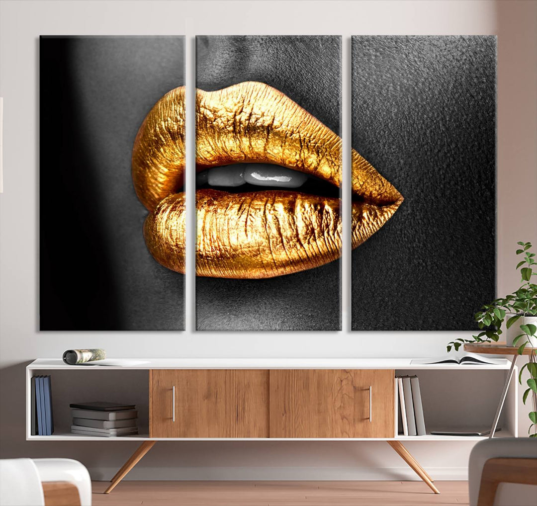 Gold Lips Canvas Wall Art Print Makeup Wall Art Fashion Beauty Canvas Print